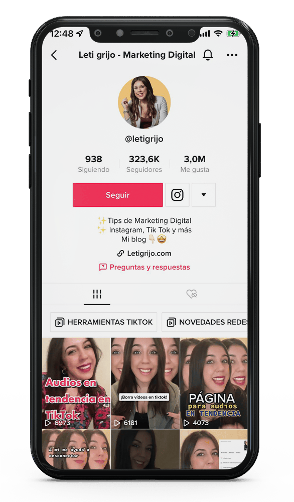 imagen mockup página tiktok de Leti Grijó